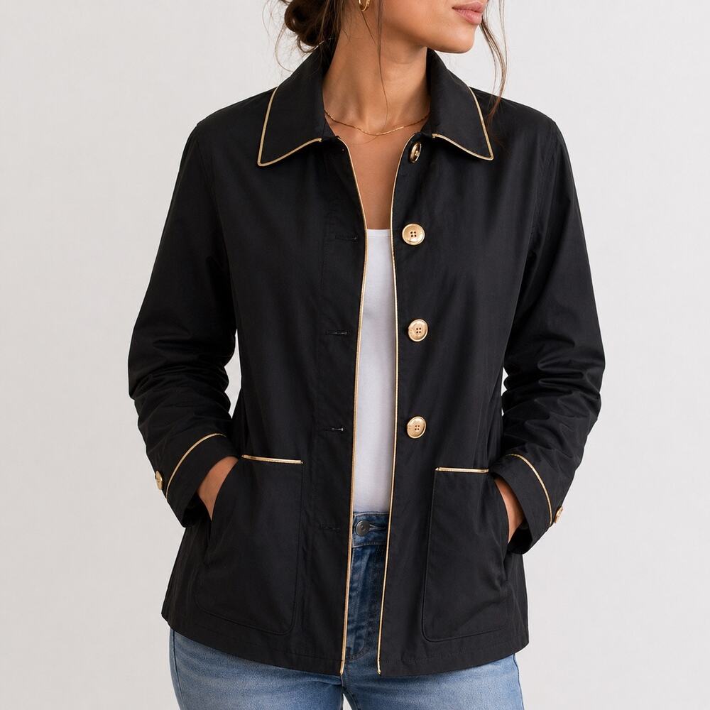 Weather Tamer Black Utility Jacket Gold Trim Button Front Lightweight Sz S